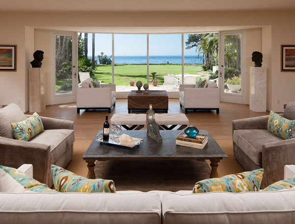 1685 Fernald Point Lane living room, a Montecito beachfront home